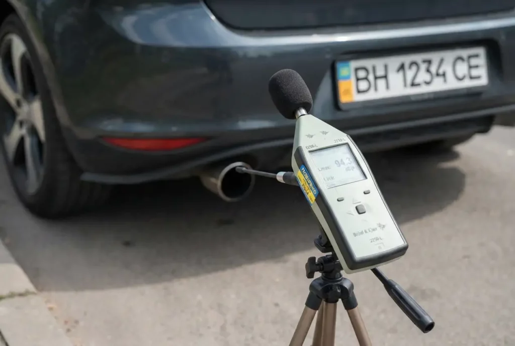 полицейский проверяет громкий автомобиль на городской дороге