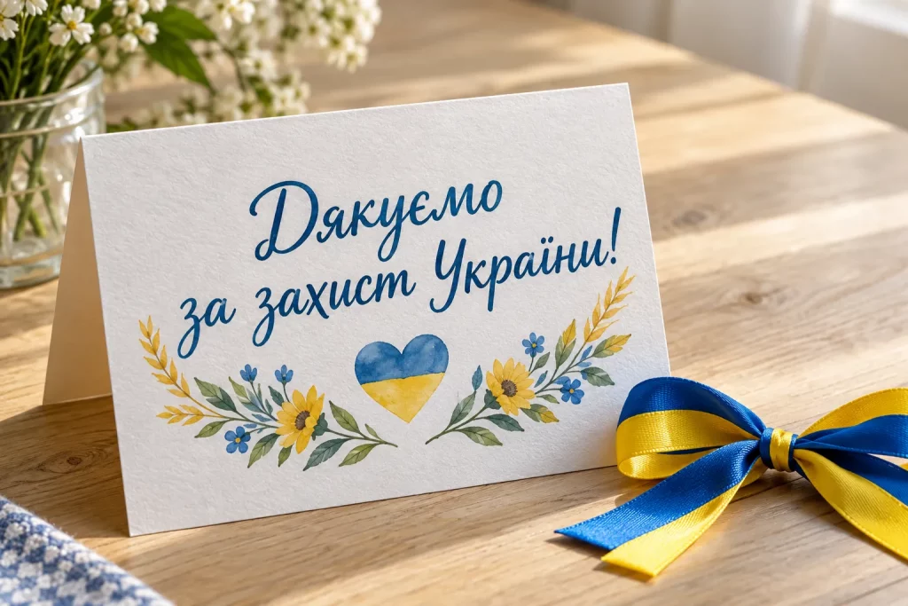 бумажная открытка в сине-жёлтых цветах с коротким поздравлением.