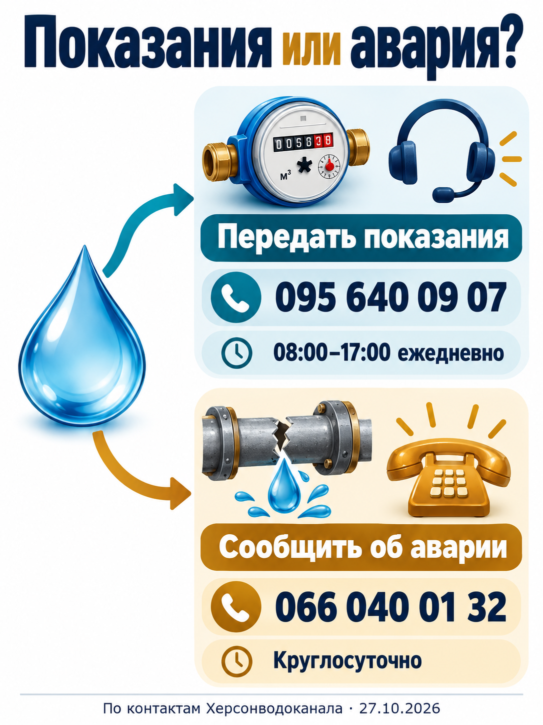 Схема: показания передают через контакт-центр 095 640 09 07 с 08:00 до 17:00; об аварии сообщают на 066 040 01 32 круглосуточно.