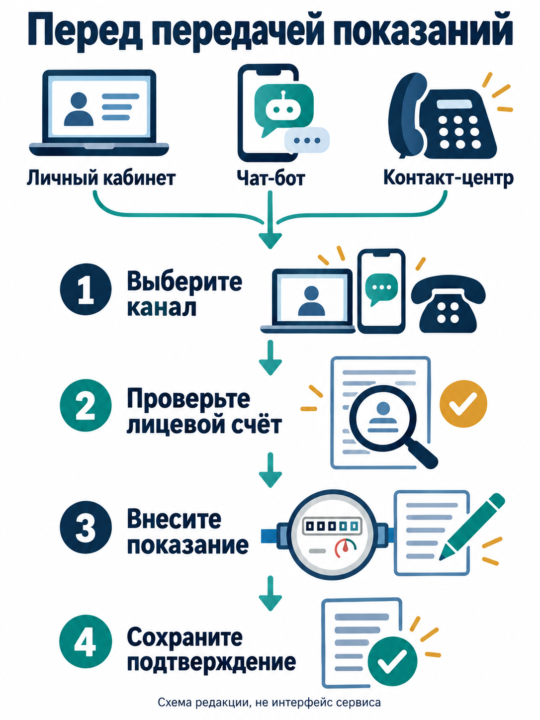 Четыре шага: выбрать канал, проверить лицевой счёт, внести показание и сохранить подтверждение.
