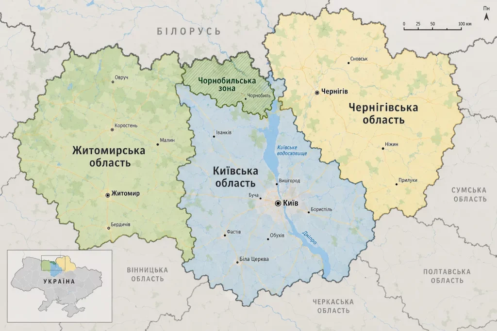 карта Чернобыльской зоны отчуждения и прилегающих территорий Украины