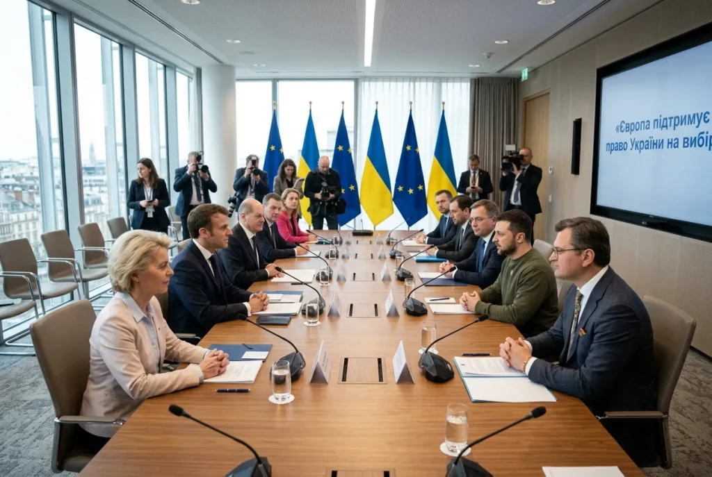 встреча европейских лидеров и представителей Украины за столом переговоров о безопасности и прекращении войны