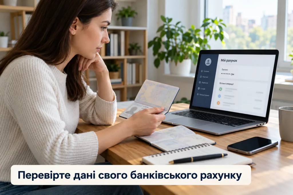 клиент проверяет банковские реквизиты и данные счета на ноутбуке рядом со смартфоном и паспортом