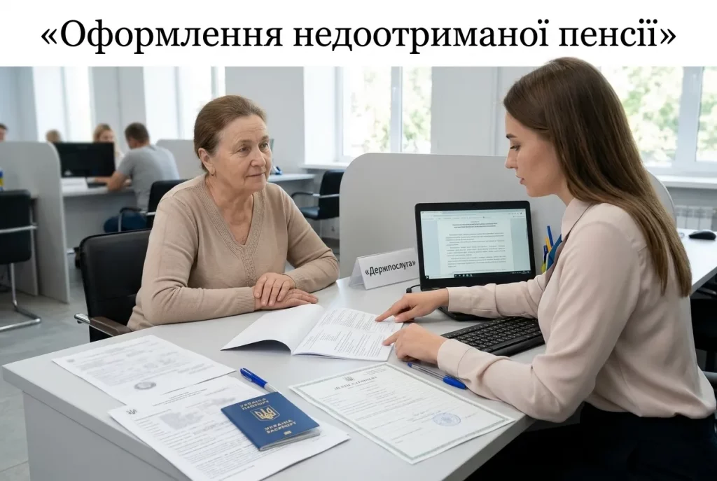 человек заполняет заявление в сервисном центре Пенсионного фонда Украины, рядом лежат подготовленные документы
