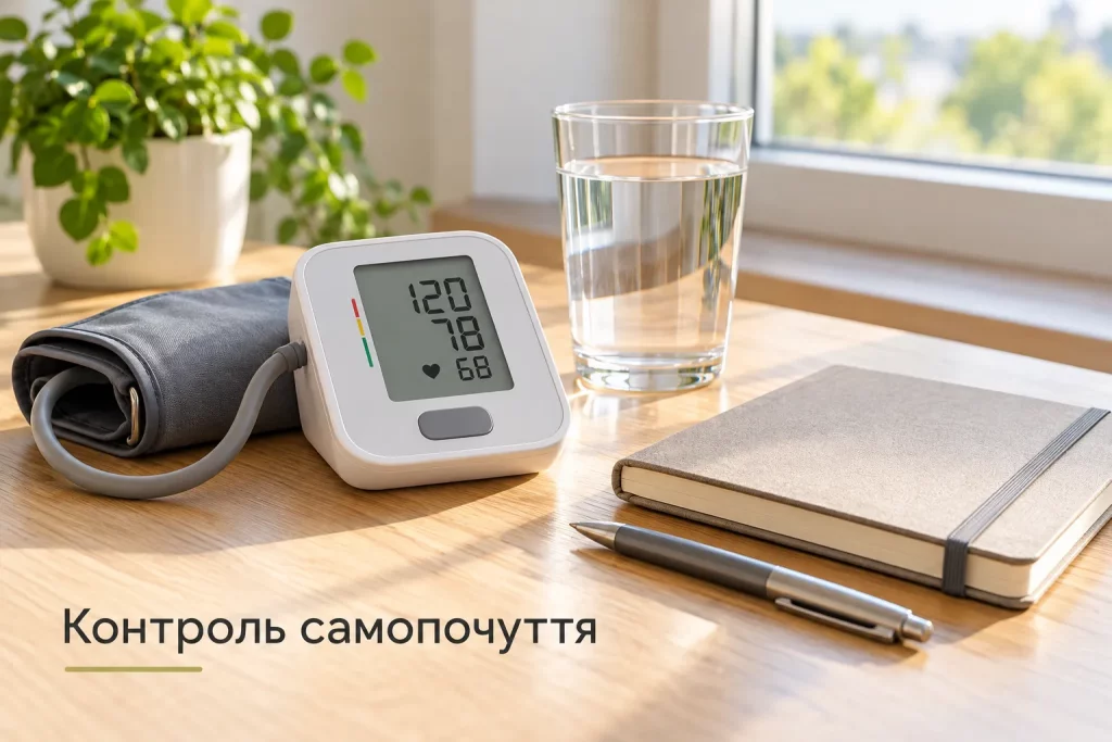 ТОНОМЕТР, СТАКАН ВОДЫ И БЛОКНОТ ДЛЯ КОНТРОЛЯ САМОЧУВСТВИЯ