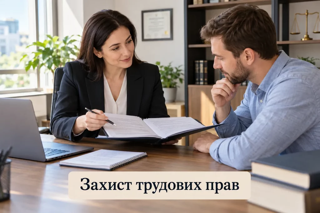 ЮРИСТ КОНСУЛЬТИРУЕТ РАБОТНИКА ПО ТРУДОВОМУ СПОРУ ЗА СТОЛОМ С ДОКУМЕНТАМИ