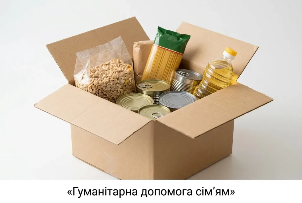 КОРОБКА С ПРОДУКТАМИ ДЛЯ ГУМАНИТАРНОЙ ПОМОЩИ СЕМЬЯМ С ДЕТЬМИ