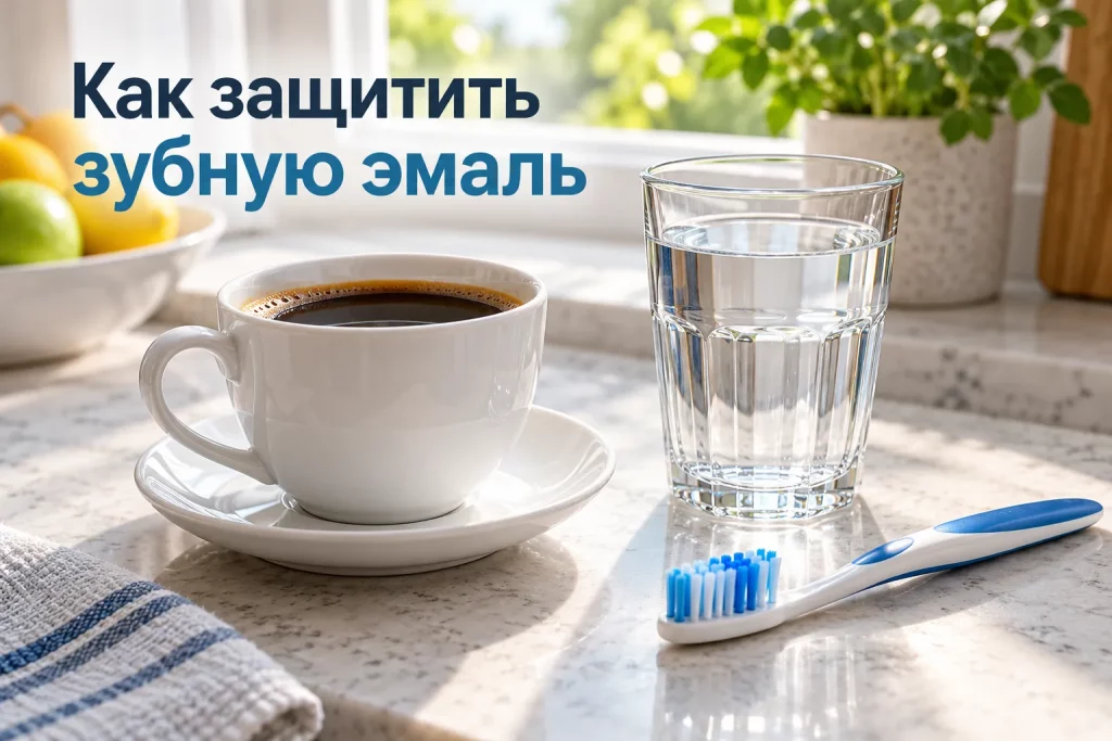 ЧАШКА ЧЕРНОГО КОФЕ НА СТОЛЕ РЯДОМ СО СТАКАНОМ ВОДЫ И ЗУБНОЙ ЩЕТКОЙ