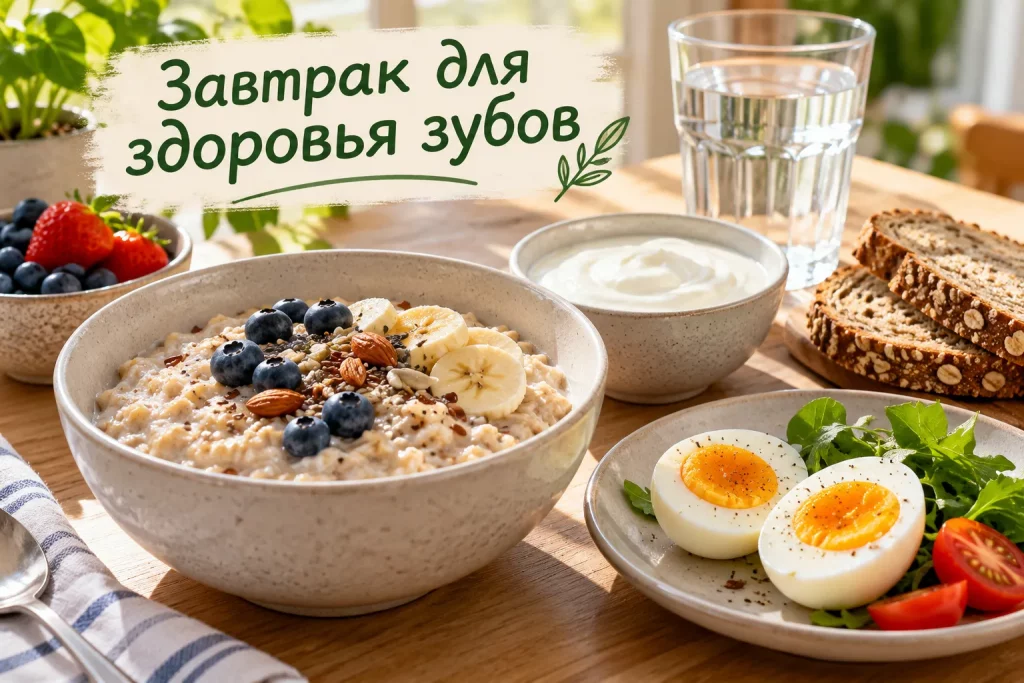 СБАЛАНСИРОВАННЫЙ ЗАВТРАК С ОВСЯНКОЙ, НАТУРАЛЬНЫМ ЙОГУРТОМ, ЯЙЦАМИ И СТАКАНОМ ВОДЫ