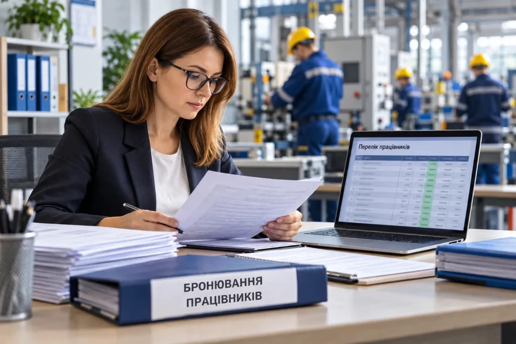 руководитель предприятия изучает официальные документы о бронировании работников за ноутбуком