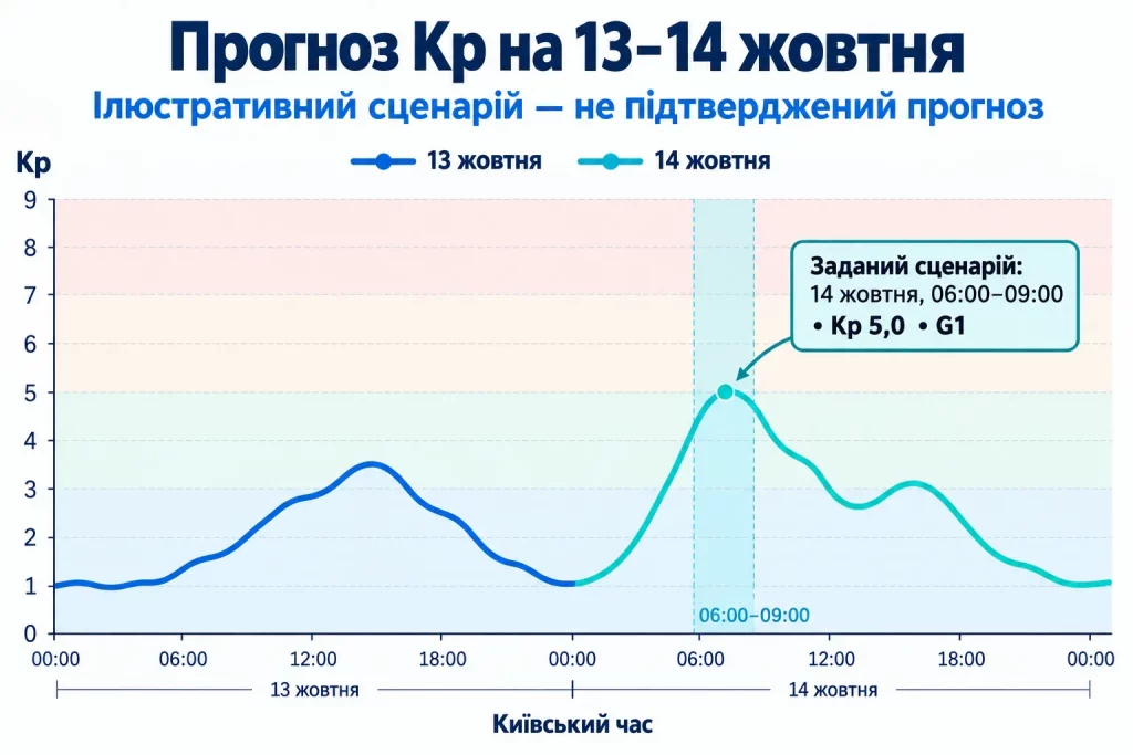 инфографика с графиком прогнозируемого индекса Kp на 13–14 октября и выделенным утренним пиком 14 октября